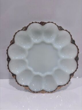 Vintage white milk glass deviled egg plate gold trim 12 egg tray platter 11”